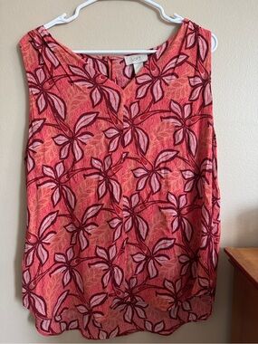 LOFT Floral Sleeveless Blouse Pink Red Ruffle Neck Tank Top Women’s XL